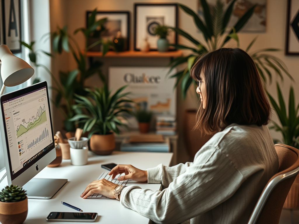 A woman working at a desk with a computer, analyzing graphs, surrounded by indoor plants and a cozy workspace.