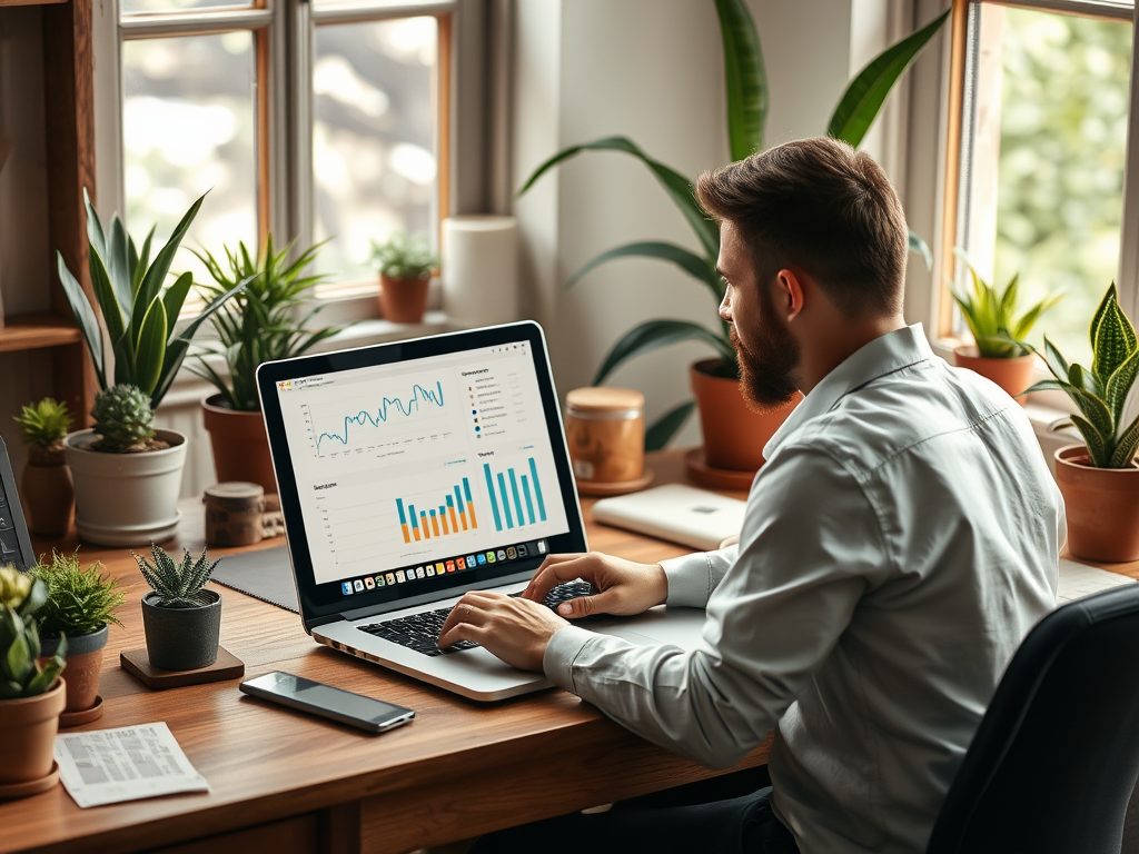 A man sits at a desk with a laptop, analyzing charts and data among potted plants in a well-lit room.