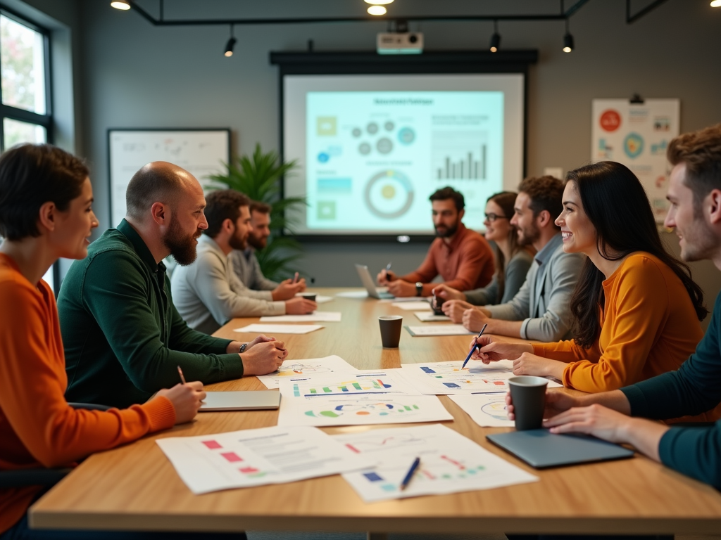 A diverse group of people engaged in a meeting with charts and graphs laid out on the table.