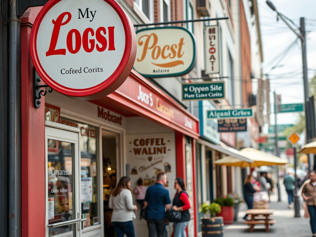 A street view featuring shop signs, including "My Logsi" and "Post," and people walking along the sidewalk.