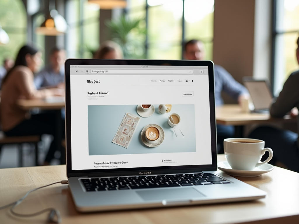 A laptop on a table displays a blog post about a game, with coffee cups in the foreground and people chatting in the background.