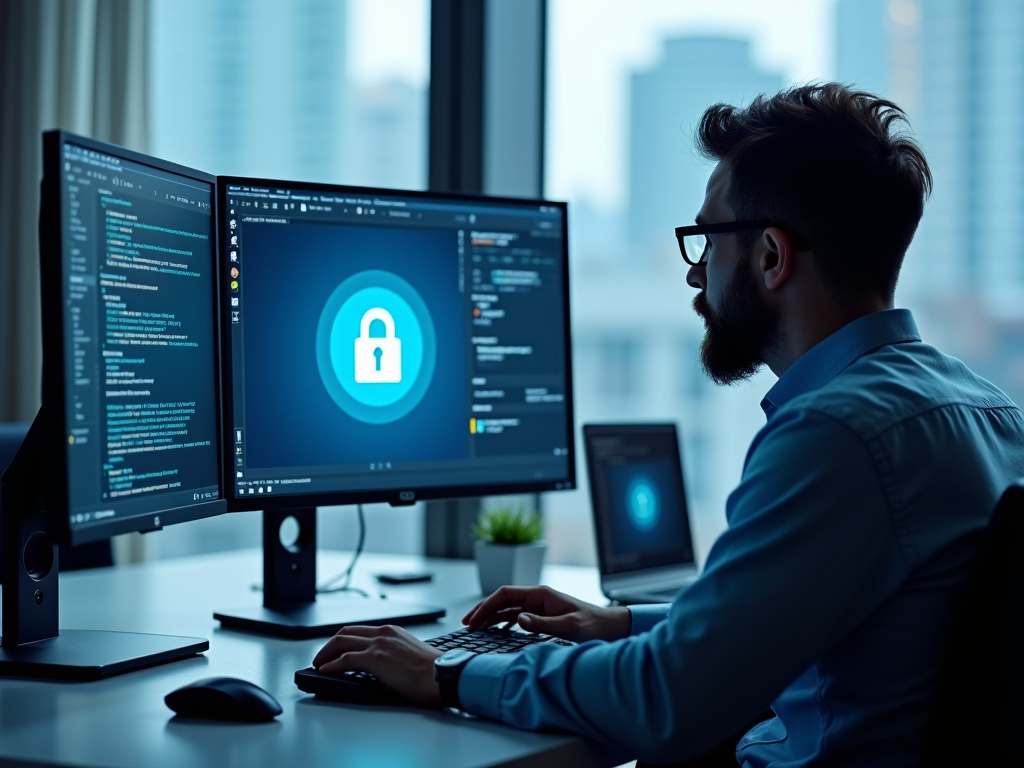 Bearded man in glasses uses computer with security software on screens in dimly lit office.