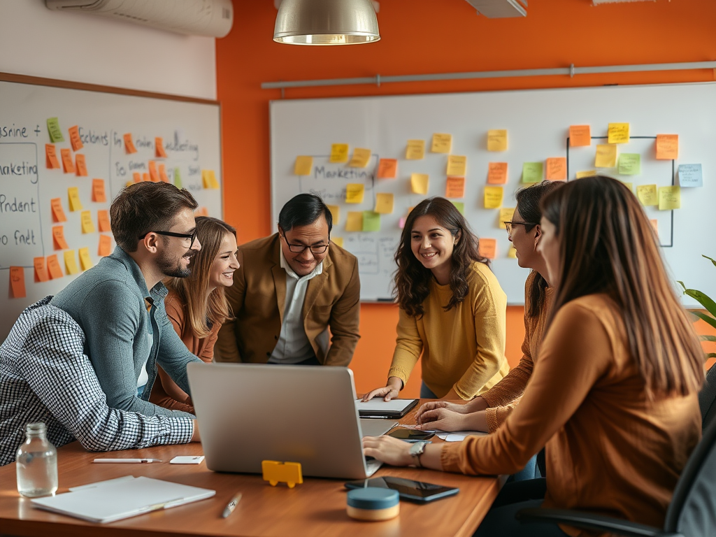 A group of six colleagues collaborates around a laptop, surrounded by colorful sticky notes in a bright office.