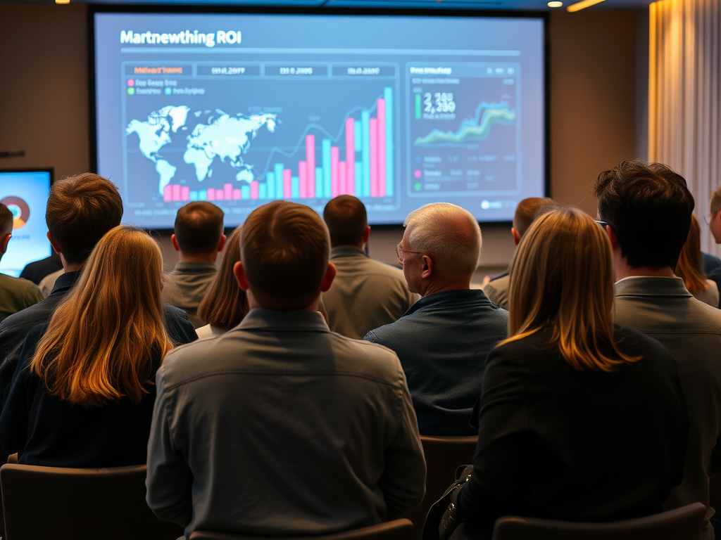 A group of people attending a presentation, with a screen showing data on Martnewthing ROI and a world map.