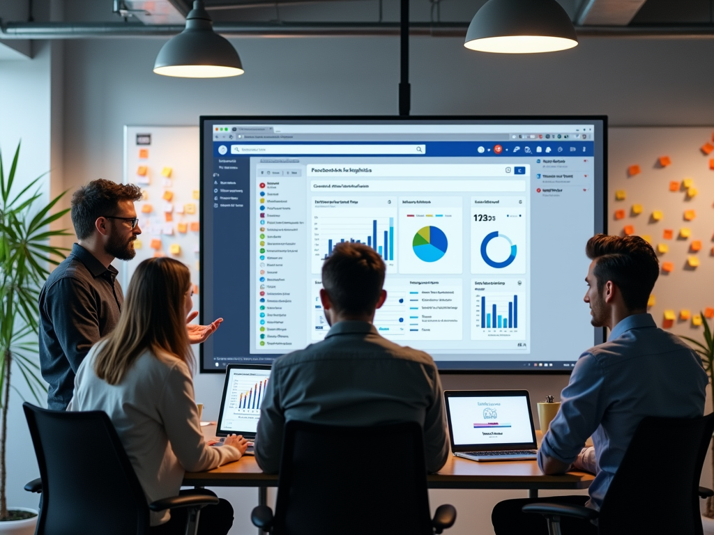 Four professionals analyze data on large screen showing various charts, in modern office setting.