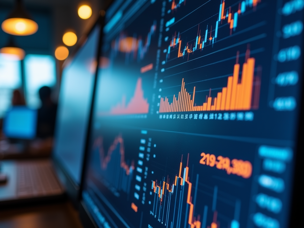 Computer screens displaying financial trading charts in a dimly lit office.