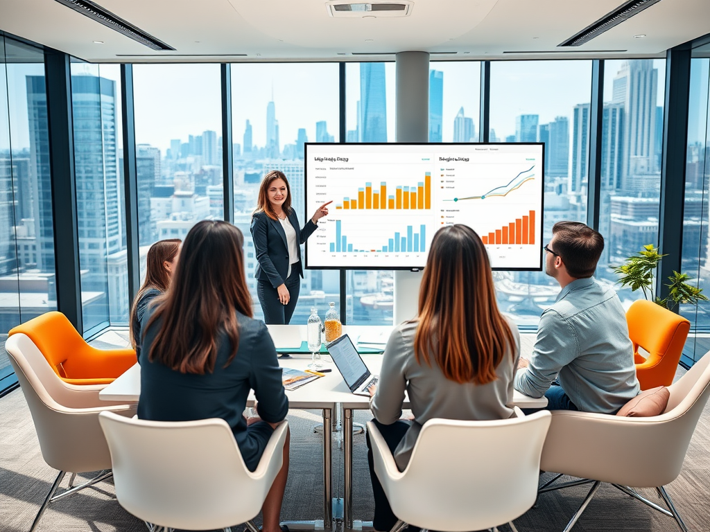 A business meeting in a modern office with a woman presenting data on a screen to attentive colleagues.