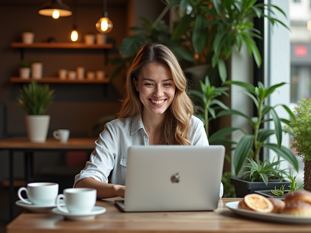 A smiling woman works on a laptop in a cozy café, enjoying coffee and pastries surrounded by greenery.