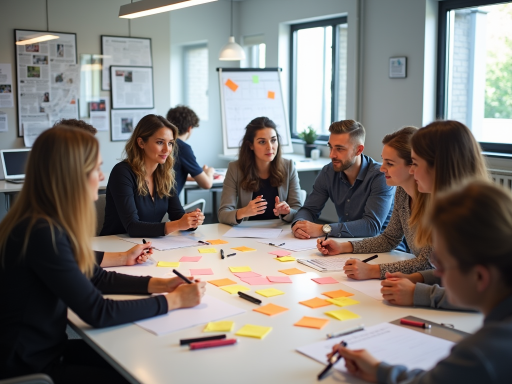 A group of professionals collaborate around a table, discussing ideas with sticky notes and notepads.