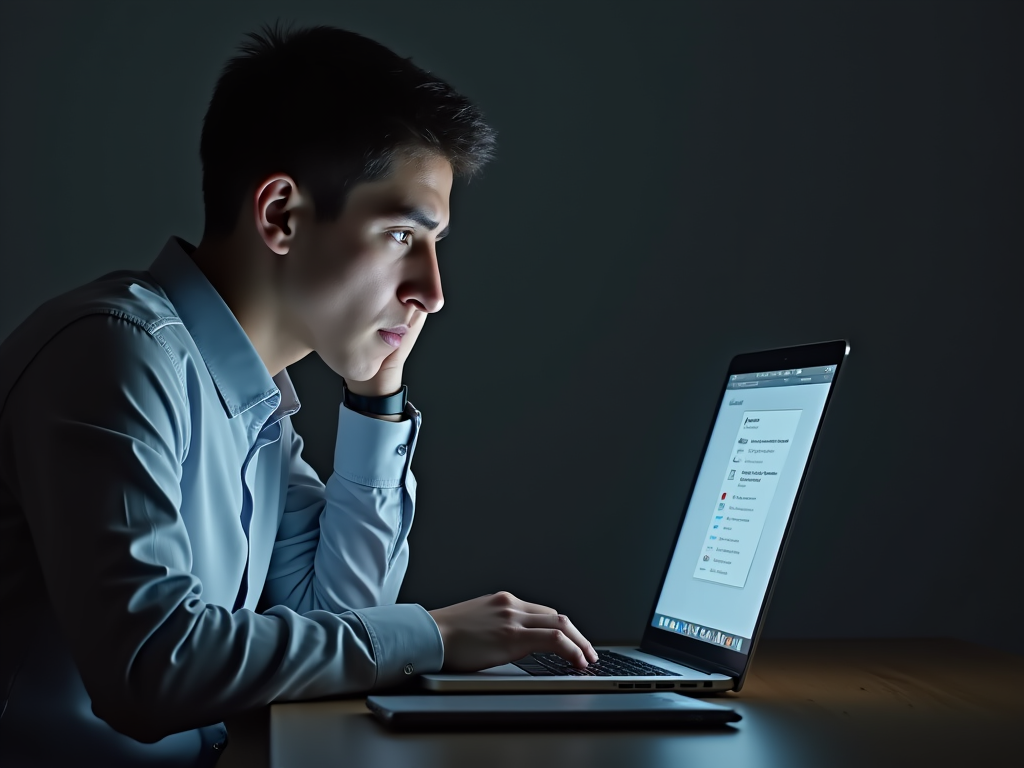 Young man concentrating on his laptop screen in a dimly lit room.