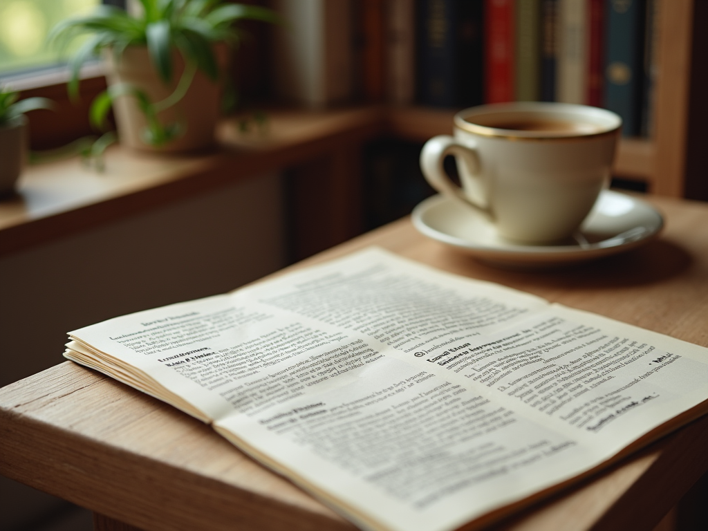 A close-up of an open book on a wooden table with a cup of coffee and plants in the background.