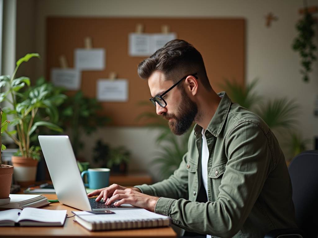 Bearded man working intently on laptop in plant-filled office space.