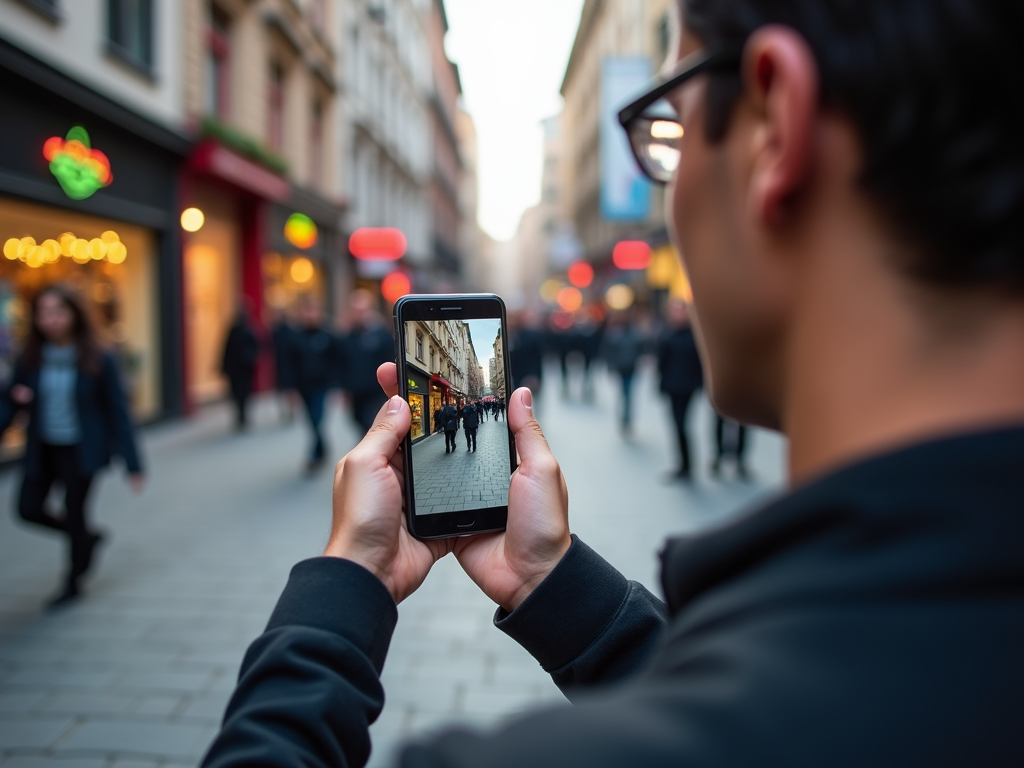 Man capturing busy street scene on his smartphone, viewed over his shoulder.