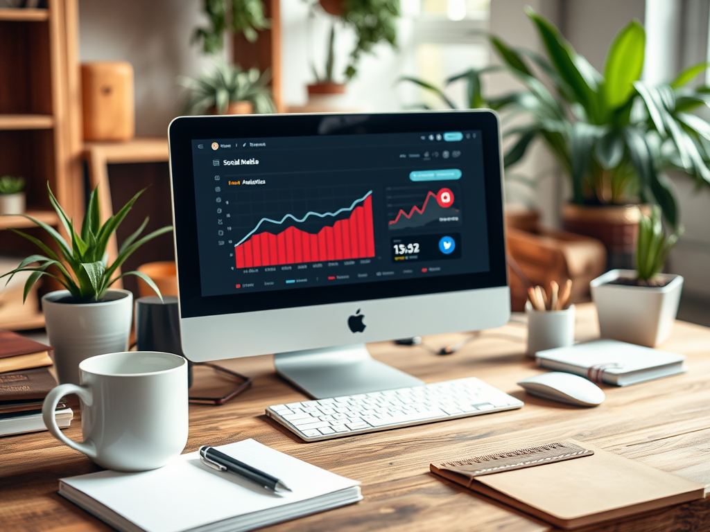 A desktop with a computer displaying social media analytics, plants, notebooks, and a coffee mug nearby.