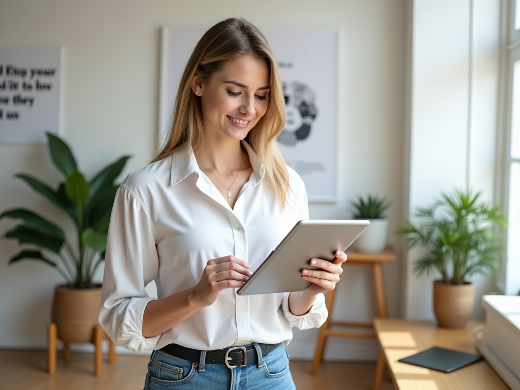 Woman in white blouse using tablet in modern office with plants.