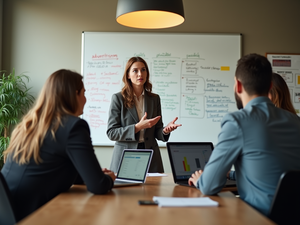 Woman leading a business meeting with colleagues in a modern office.