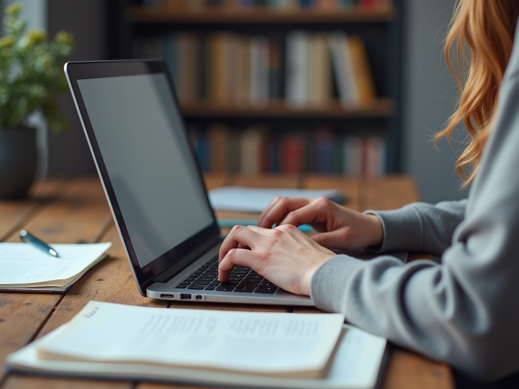 A person types on a laptop at a wooden desk with books and a plant in a cozy, well-lit environment.