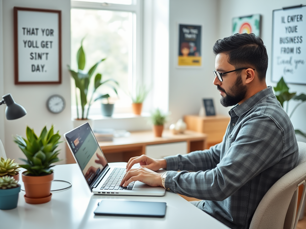 A man sits at a desk, typing on a laptop in a bright, plant-filled workspace decorated with motivational posters.