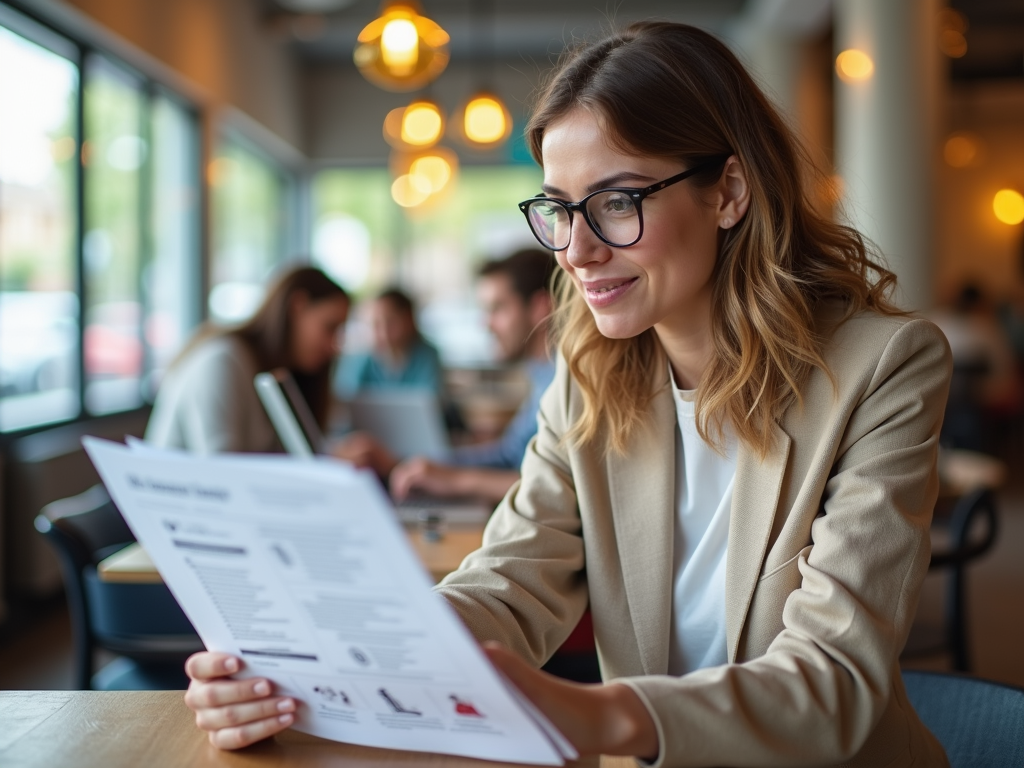 Woman in glasses smiling while reviewing documents in a busy cafe.