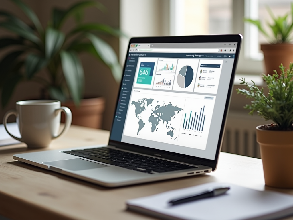 Laptop displaying graphs and world map on screen, placed on a wooden desk with plants and coffee cup.