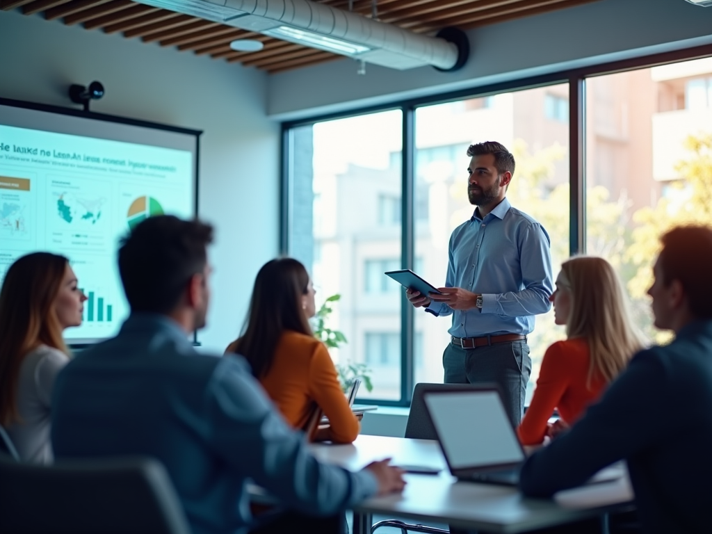 Man presenting data on a screen to colleagues in a modern office meeting room.