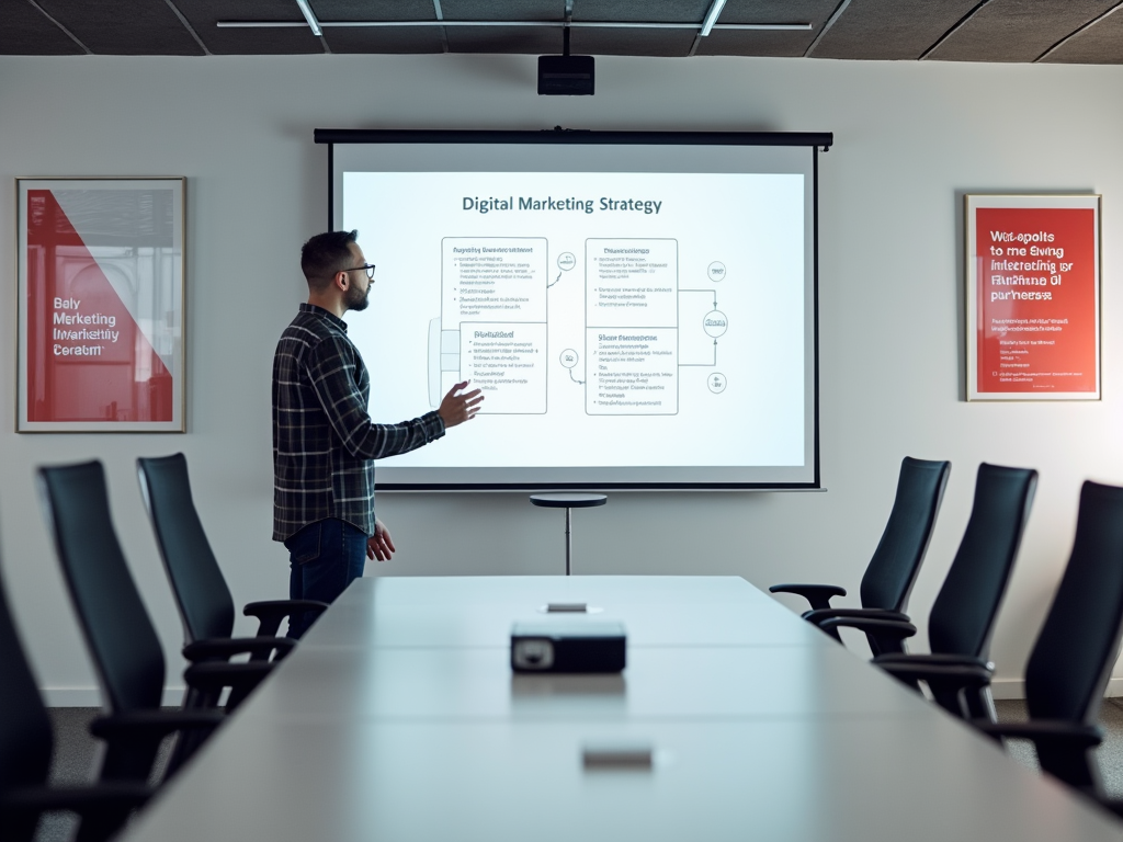 Man presenting a "Digital Marketing Strategy" on a screen in a modern conference room.