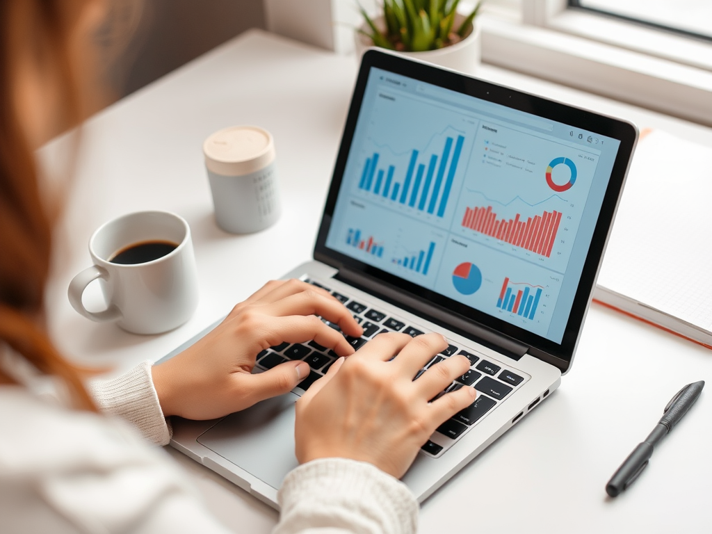 A person types on a laptop displaying colorful graphs, with a coffee cup and a plant on the desk.