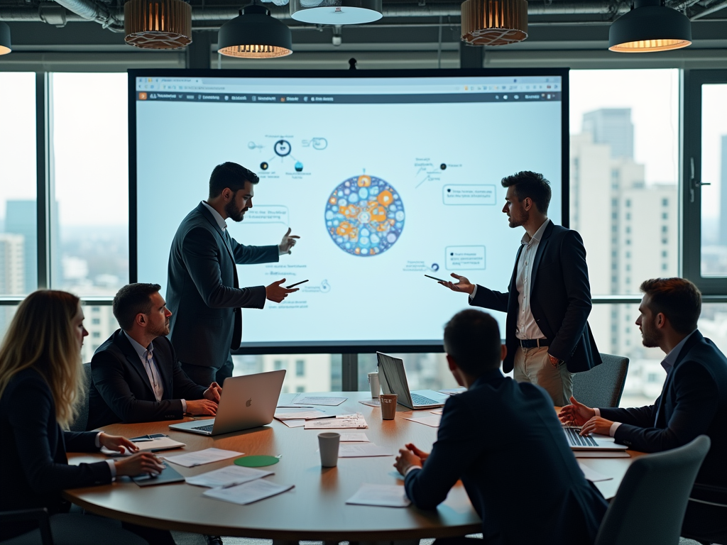 A group of professionals in suits discusses a presentation on a large screen in a modern conference room.