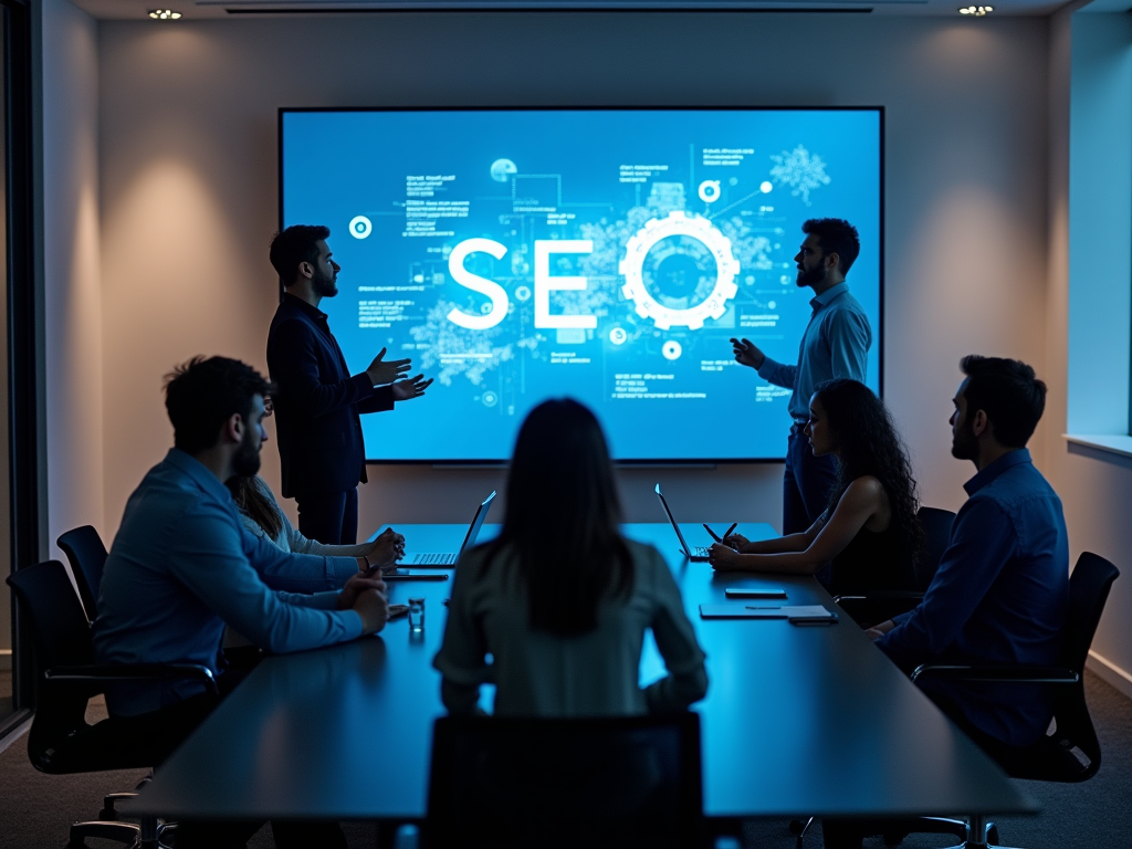 Professionals in a meeting room discussing an SEO presentation displayed on a large screen.