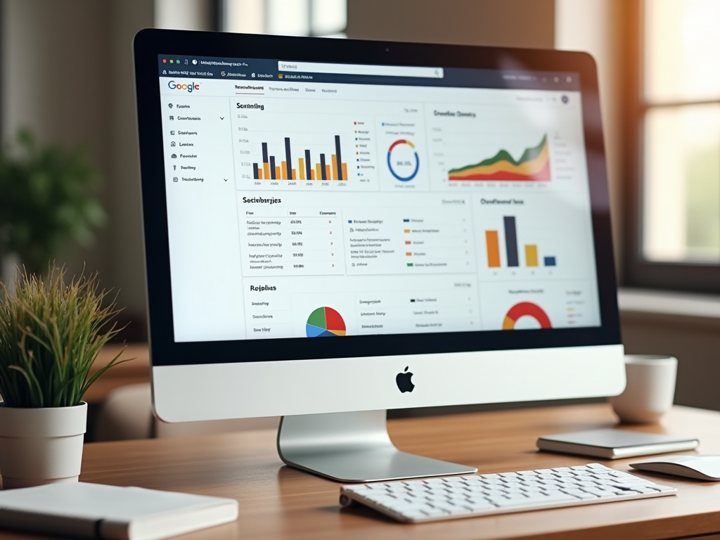 iMac displaying Google Analytics dashboard with graphs and data on a wooden desk, next to a plant.