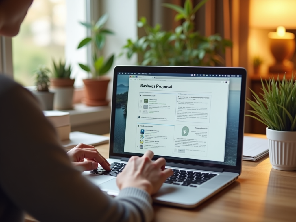 A person working on a laptop at a desk, viewing a business proposal surrounded by plants and a cozy atmosphere.