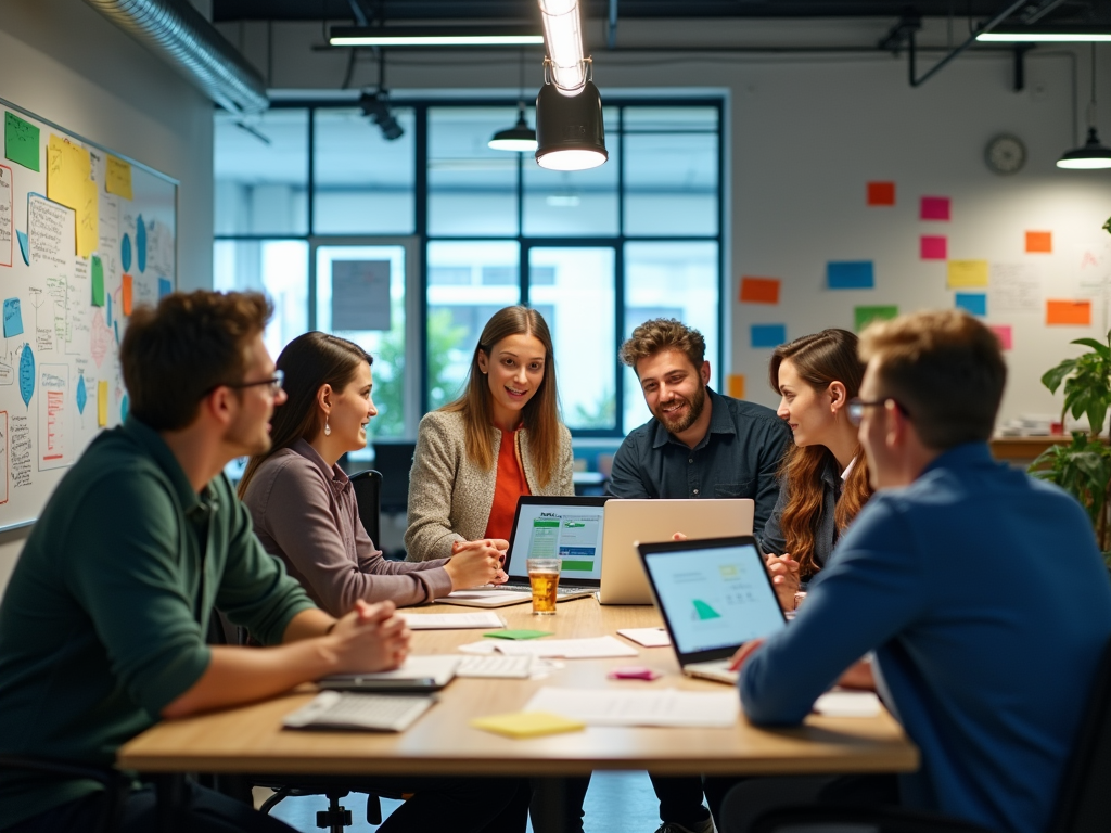 Group of young professionals having a meeting around a table with laptops and colorful sticky notes on the wall.