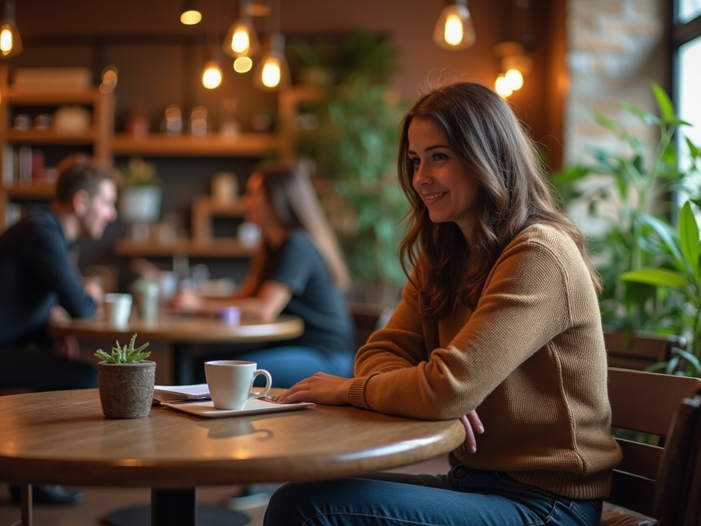 Woman smiling in a cozy cafe with a coffee cup, while other people chat in the background.