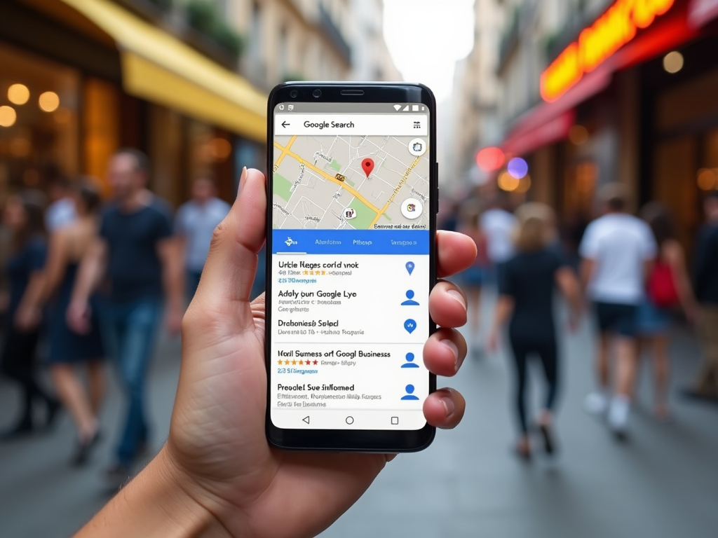 Hand holding smartphone displaying Google Maps in a busy street.