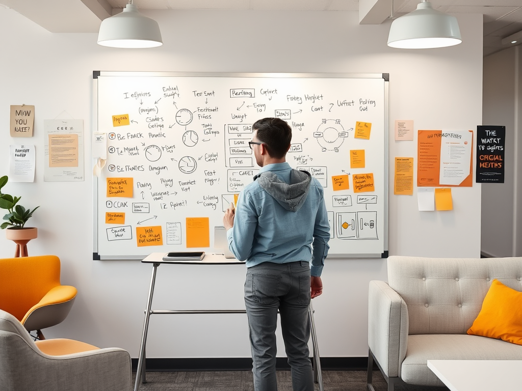 A person stands facing a whiteboard filled with notes and diagrams, brainstorming in a modern office space.