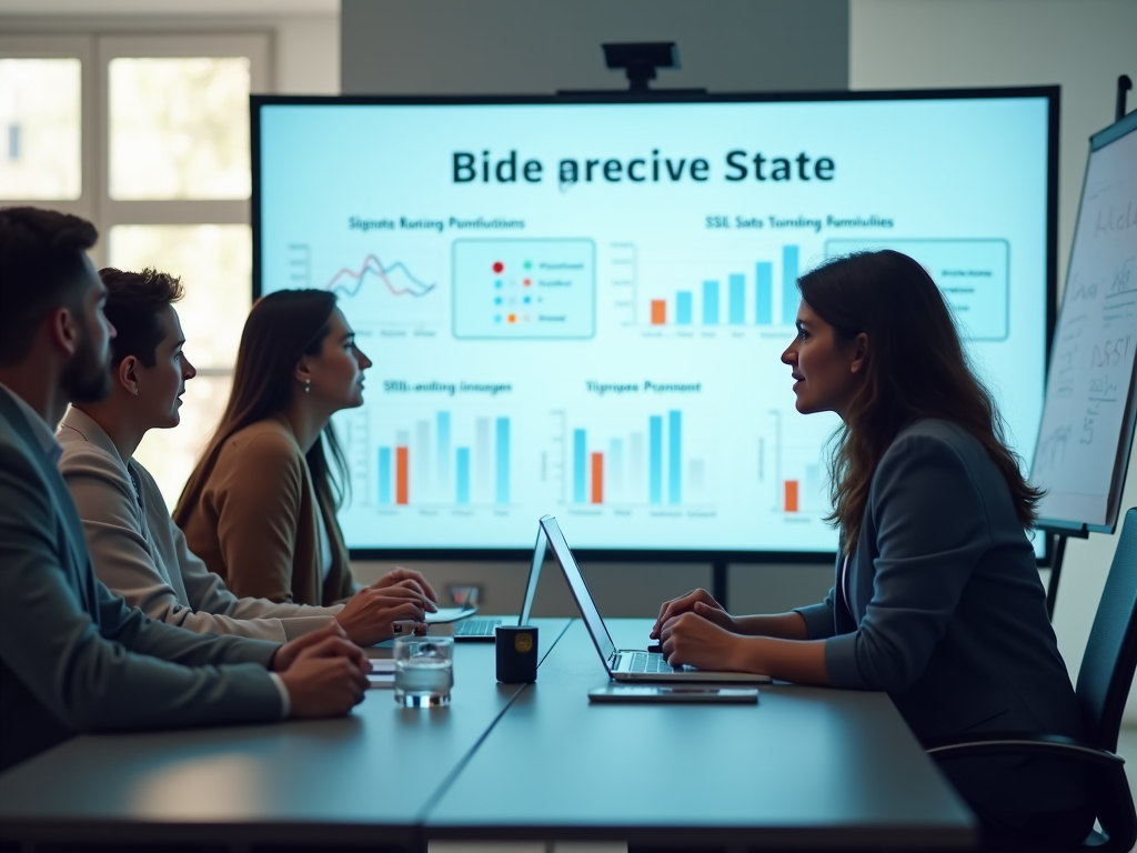 Business professionals discussing data at a presentation with charts on a screen.