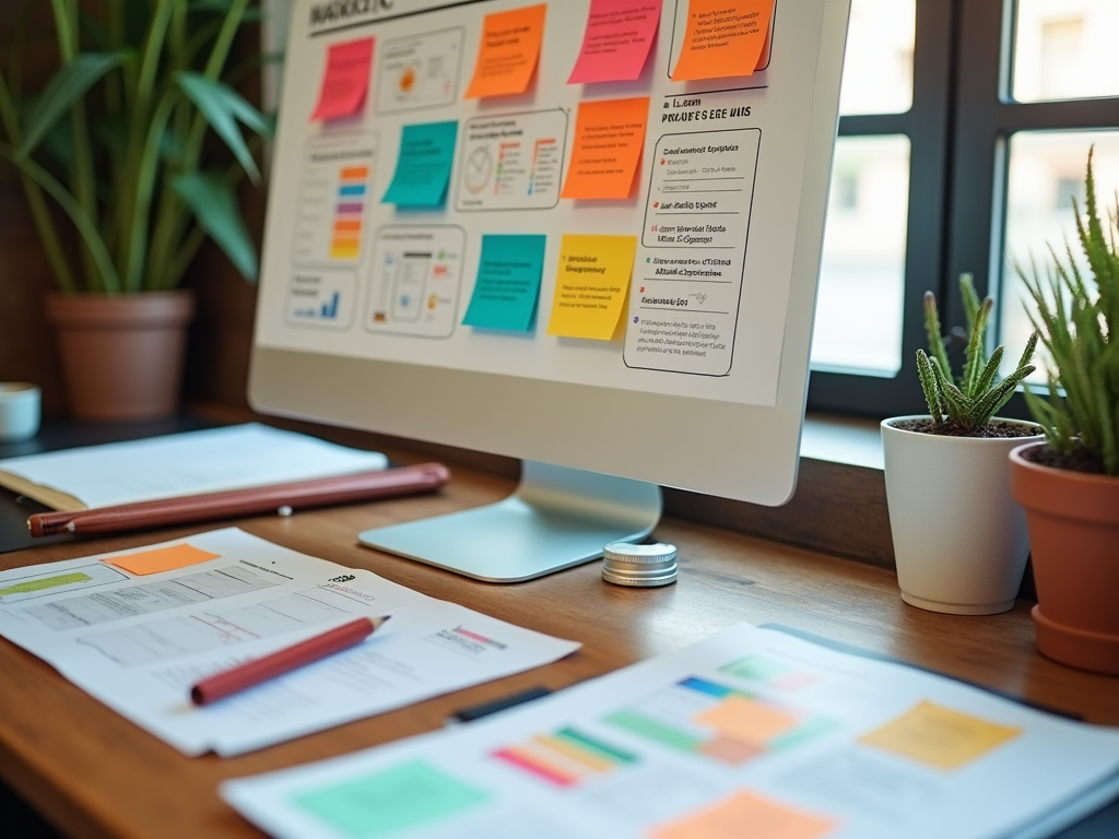 Workspace table with a computer displaying colorful marketing plan, potted plants, and strategy papers.